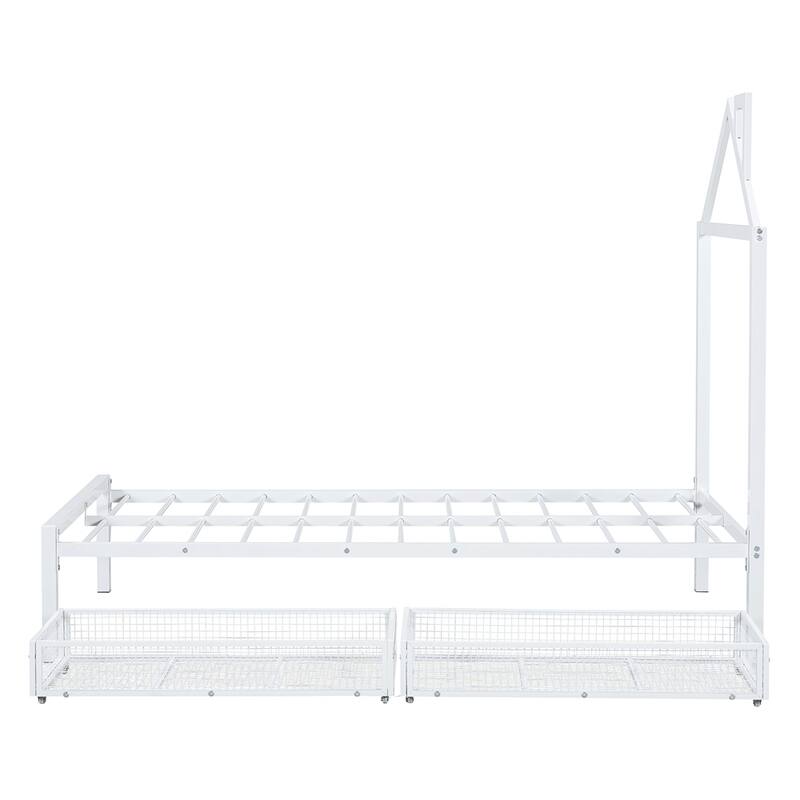 Twin Size Metal Platform Bed with two drawers, House-Shaped Headboard