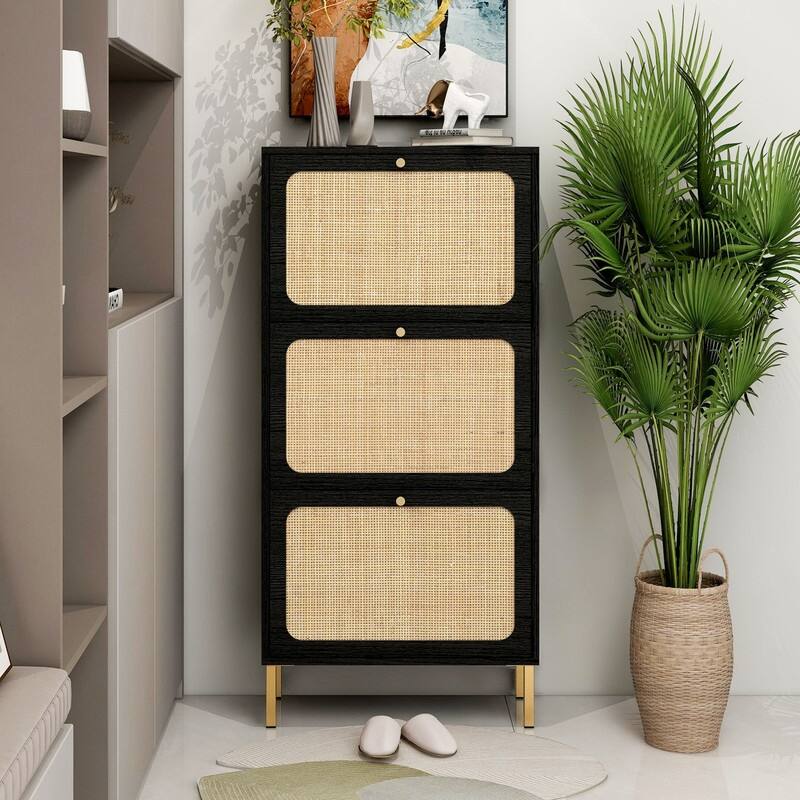 Freestanding Modern Shoe Rack Storage with 3 Natural Rattan Door