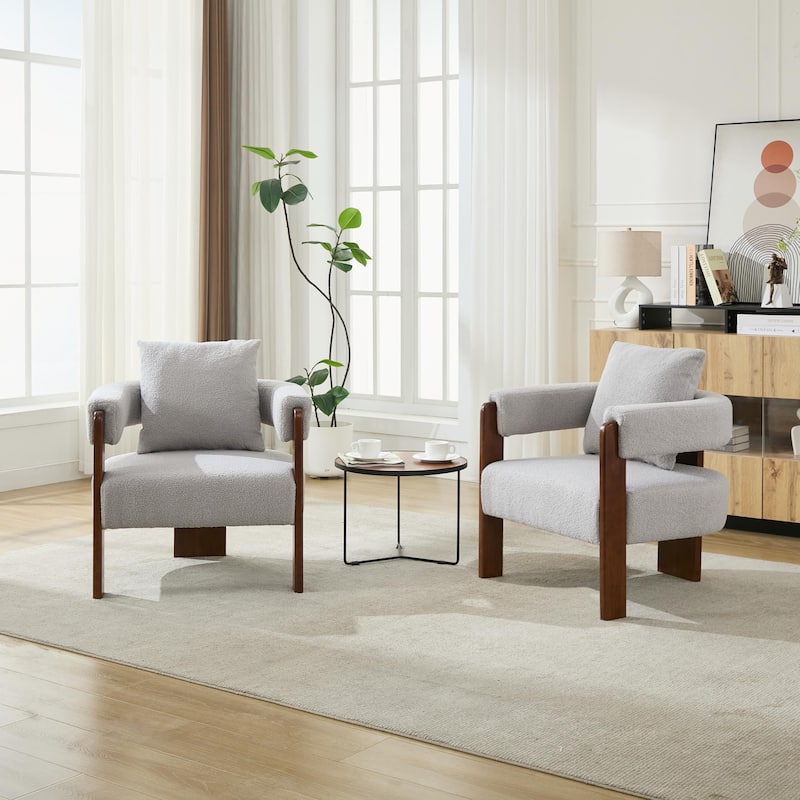 SEYNAR Modern Teddy Upholstered Fabric Round Armchair with pillow Set of 2 - Grey