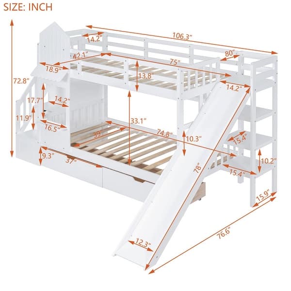 Twin Over Twin Size Bunk Bed Kids Bed with 2 Drawers 3 Shelves and Slide, White
