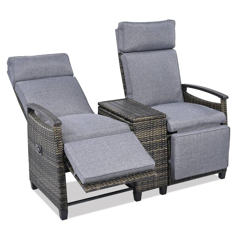 Recliner Loveseat Chair,Adjustable Backrest Wicker Outdoor Lounge Chair Set With Acacia Wood Armrests And Built-In Storage Table