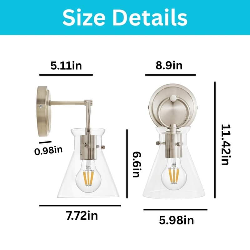 1 Pack bulb light brushed nickel wall sconce glass, metal wall light
