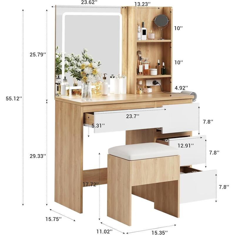 4 Drawers Vanity Desk with Power Outlet, Stool, Mirror and LED Light