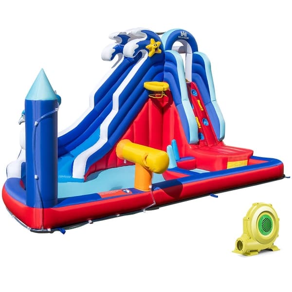 slide 2 of 10, Gymax Inflatable Water Slide Park w/735W Blower Slide 2 Splash Pools Kids