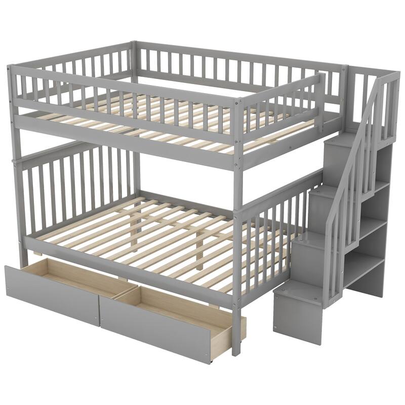 Full over Full Bunk Bed with Drawers and Storage, Gray