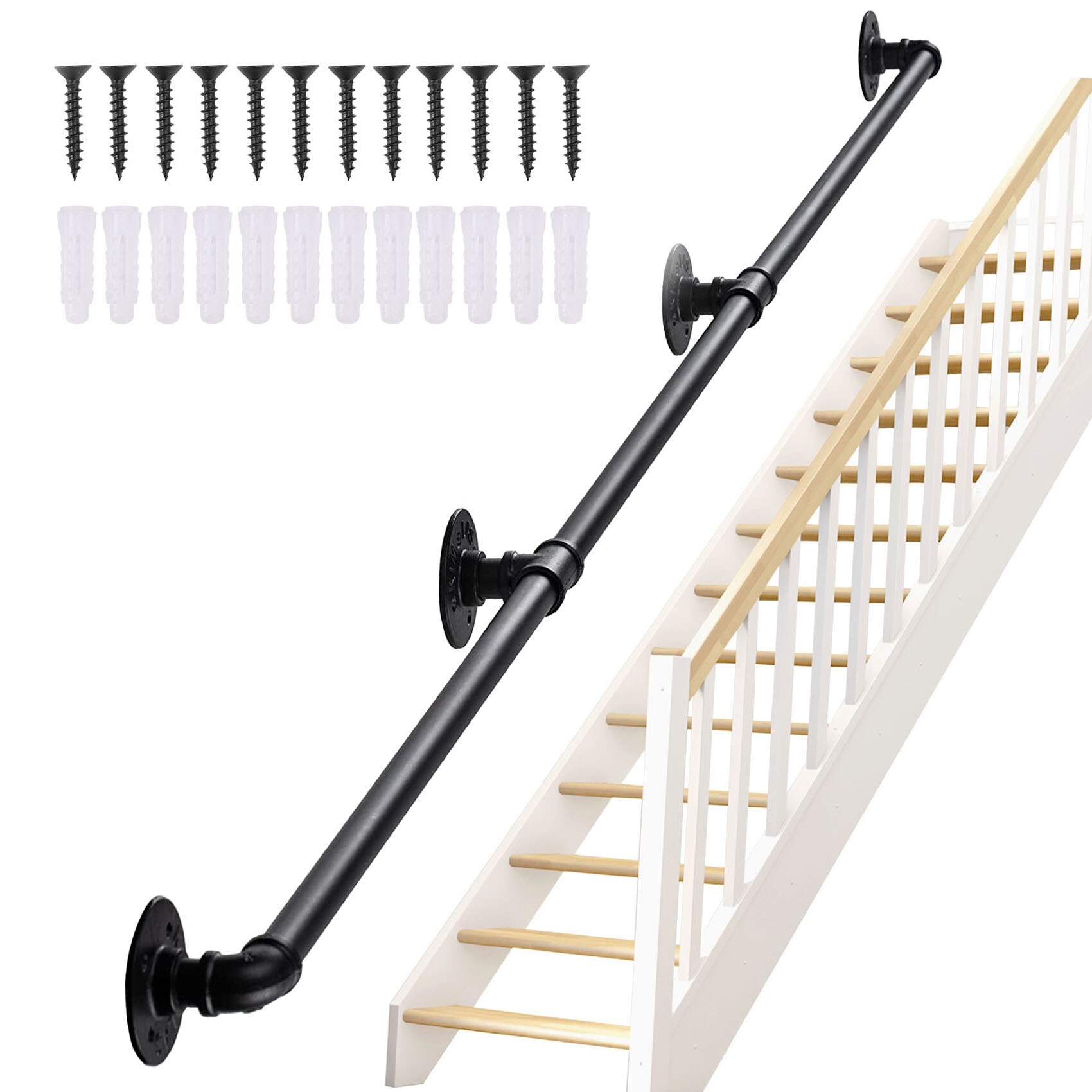 Wrought Iron Handrail – 2 To 7 Ft Adjustable – Wall Mounted – Matte Black – Art Deco Style