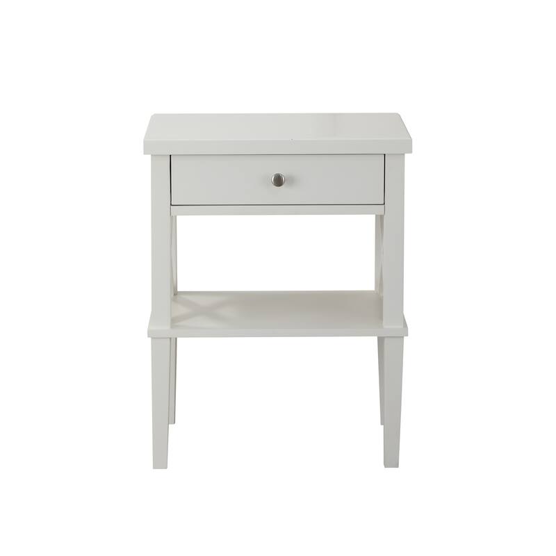 White Nightstand with Drawer and Open Shelf for Display
