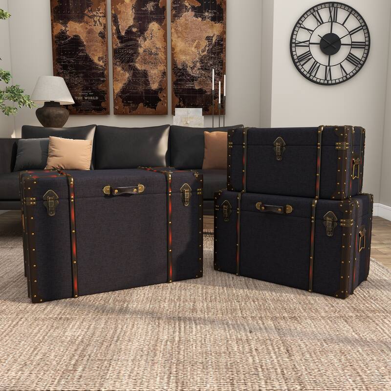 Blue Linen Fabric Nesting Upholstered Decorative Trunk with Buckle Hinged Top (Set of 3)