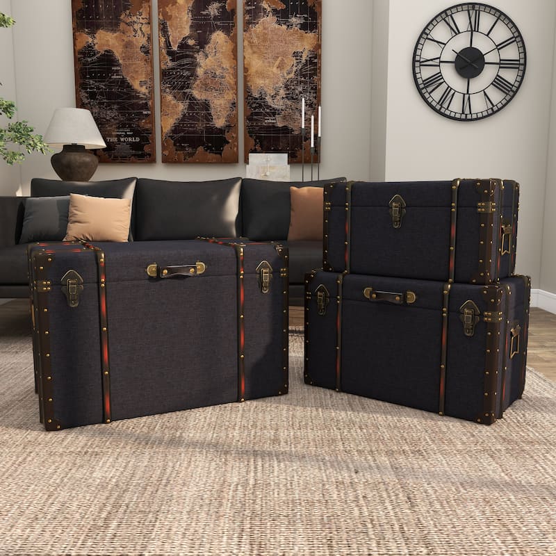 Linen Fabric Nesting Upholstered Decorative Trunk with Buckle Hinged Top - Set of 3 Blue - Roche River Decor