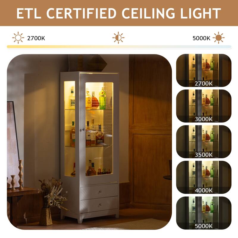 Anmytek 71'' Freestanding Upholstered Display Cabinet, Upholstered Glass Door Cabinet with Ceiling Light,Wine Cabinet