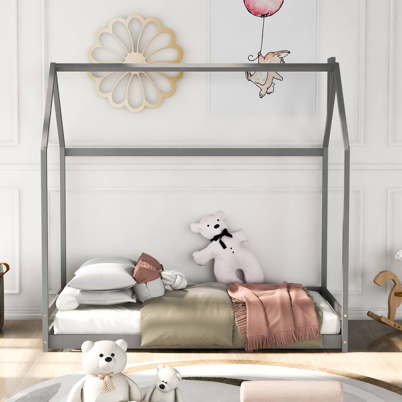 Twin/Full Size Wooden House Bed for Kids, Semi-Enclosed Playhouse Design with Roof, Perfect for Bedroom Fun and Sleep