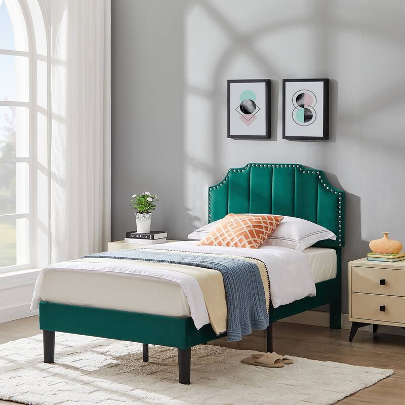 VECELO Double Twin Bed Set 41"-47" Adjustable Height Platform Bed with Nailhead Trim 7.8" Underbed Storage No Box Spring Needed