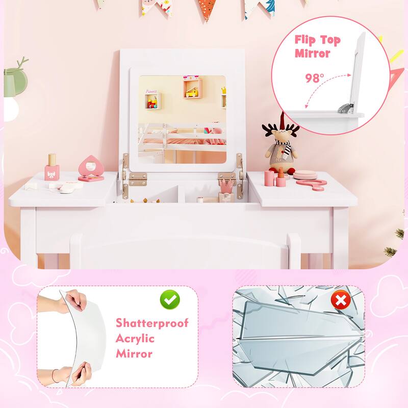 Gymax Kids Vanity Table & Chair Set 2-in-1 Princess Makeup Dressing