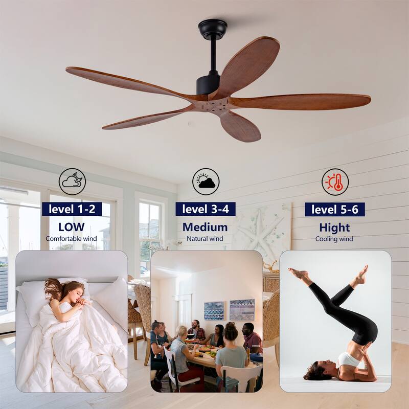 60 Inch Ceiling Fan With 5 Solid Wood Blades Remote Control Reversible DC Motor For Living Room