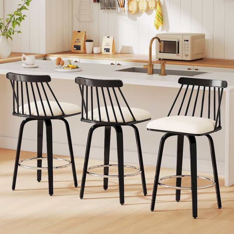 Mid-century Spindle Back Swivel Counter Height Bar Stools - 37.2"H x 18.9"W x 18.9"D - Set of 3 - White