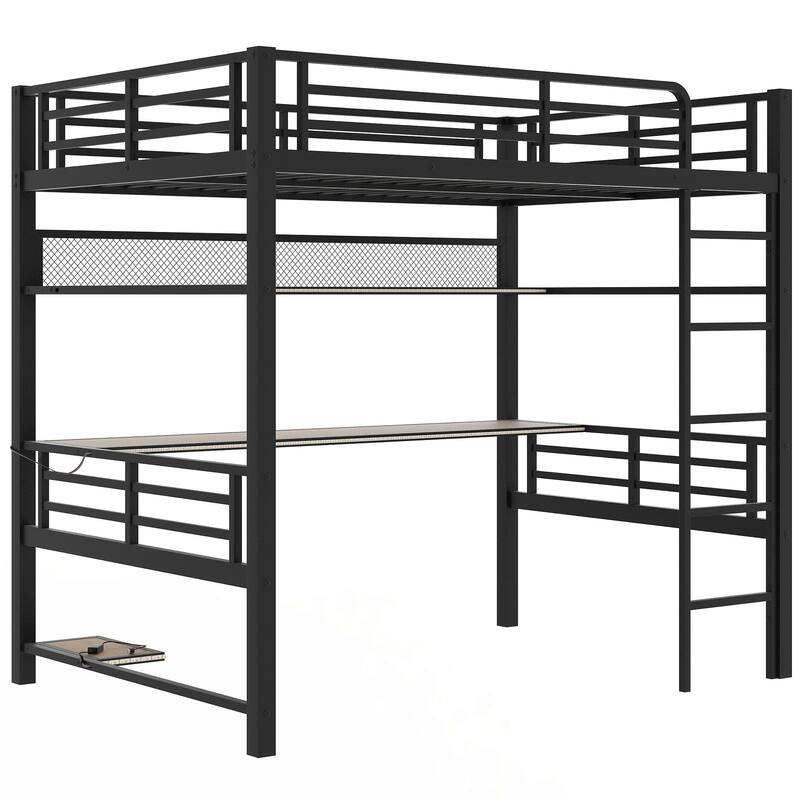 Full Size Metal Loft Bed with Storage Shelf, LED Light, and Built-in Desk