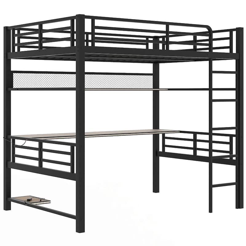 Roomfitters Full Size Metal Loft Bed Frame with Storage Shelf and Sturdy Mesh Construction, Black