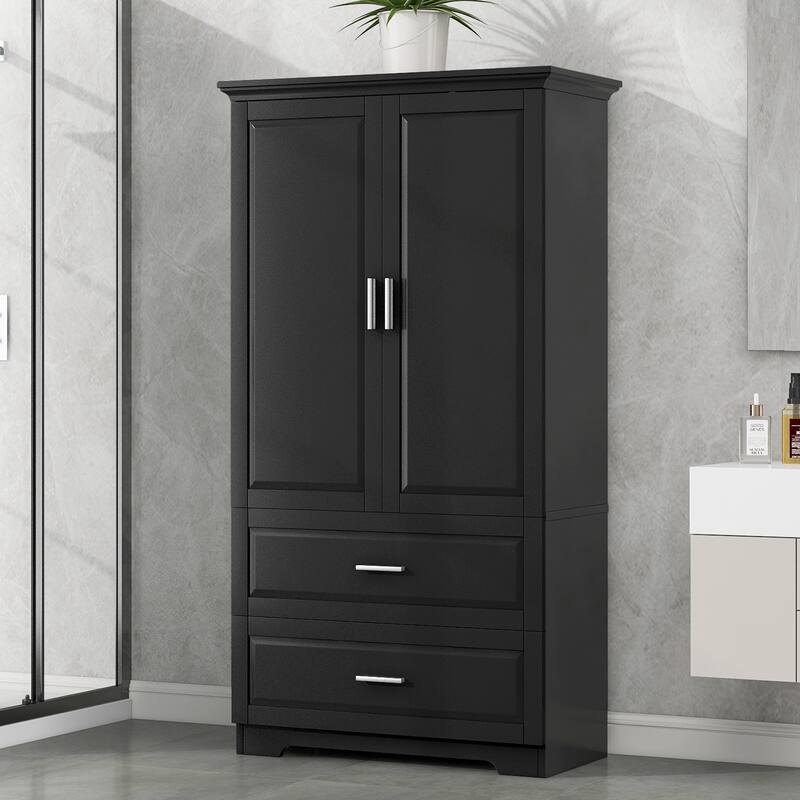 Tall Bathroom Cabinet Storage Cabinet with 2 Doors, 2 Drawers, 3 Open Shelves and Ajustable Shelves for Kitchen Entrance Bedroom - Black