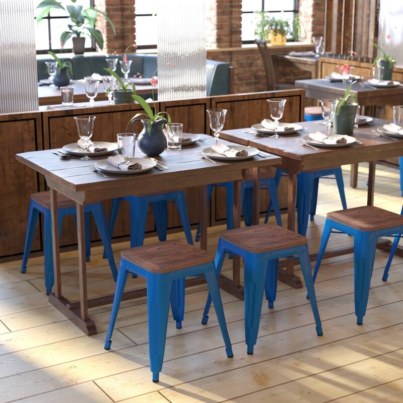 Set of 4 18" Table Height Indoor Stackable Metal Stool with Wood Seat