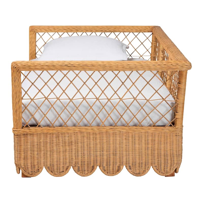 Teresa Natural Rattan Daybed - Handwoven Sofa Bed Frame with Scalloped Edge and Open Lattice Back, Coastal Boho Style, Twin