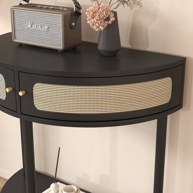 Unique Half Moon Design End Table ,Elegant Semicircle Sofa Side Table with 2 Rattan Storage Cabinet and Bottom Shelf