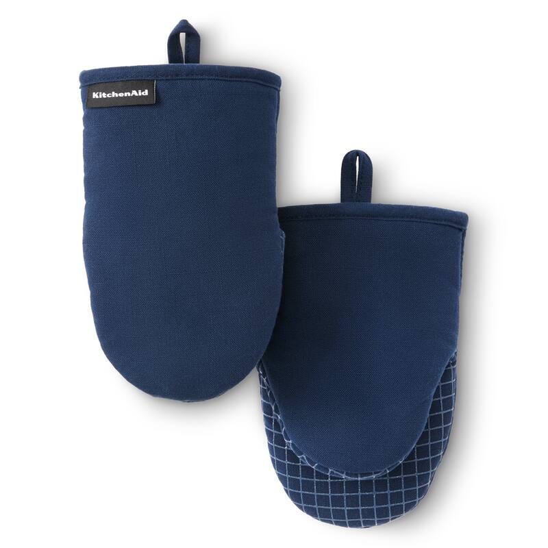 KITCHENAID Gourmet Series Gridlines Mini Oven Mitts 2-Pack Set, Heat Resistant up to 600°F, Soft Silicone Grip, Magnetic Cuff - Ink Blue