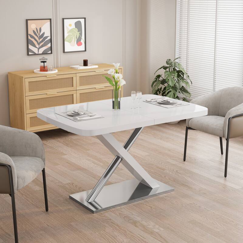 Modern Square Dining Table, Stretchable, with X-Shape Table Leg with Metal Base