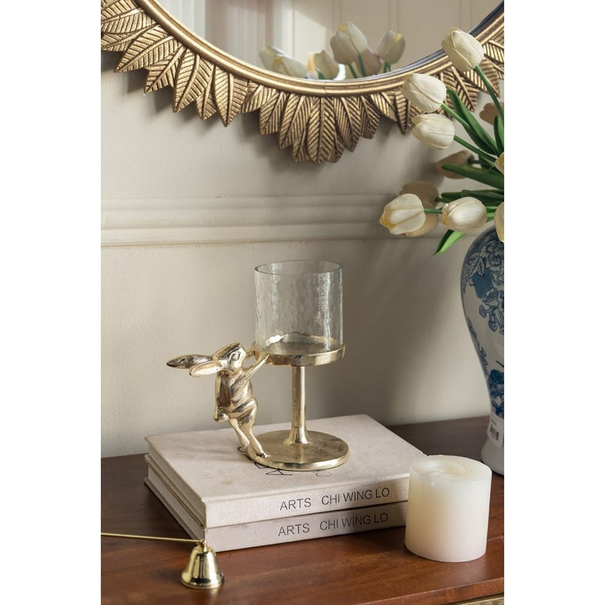 7x4x7.5" Gold Rabbit Pillar Candle Holder with Clear Glass Hurricane Shade