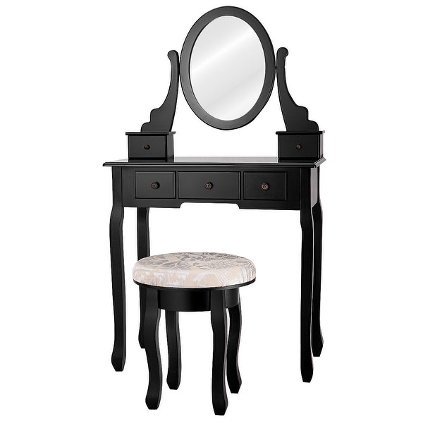 Mirrored Vanity Table Set w/ Cushioned Stool & 5 Drawers