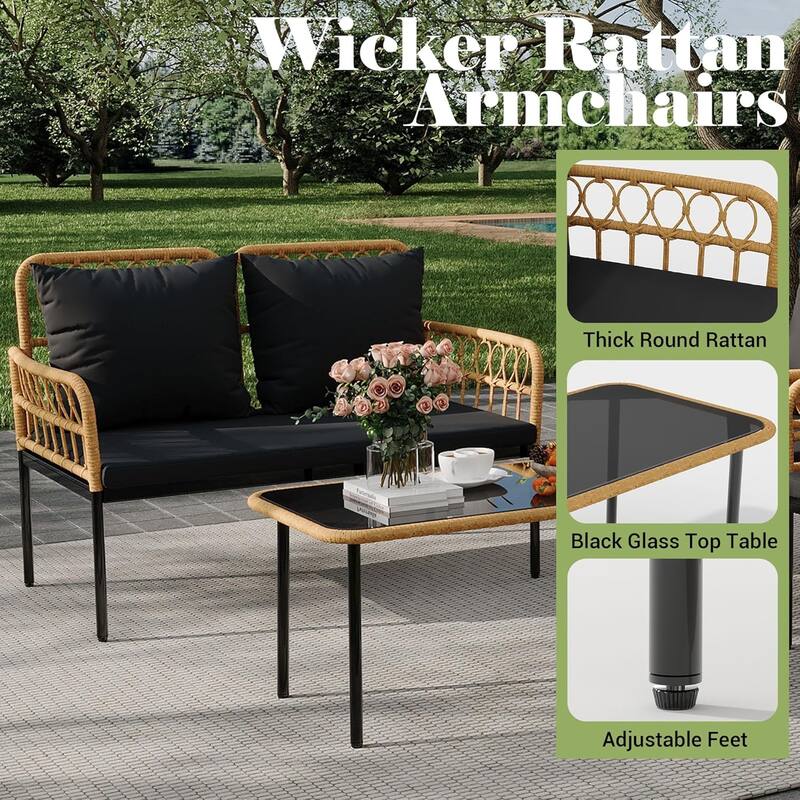 4-Piece Patio Rattan Wicker Furniture Set with Glass Coffee Table for Balcony