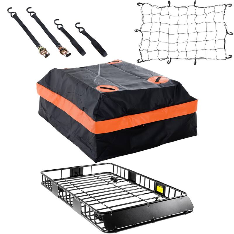 200lb Capacity Heavy Duty Roof Rack, Rooftop Cargo Basket with Waterproof Bag, Tie Down Strap & Net, Car Top Luggage Holder - Black