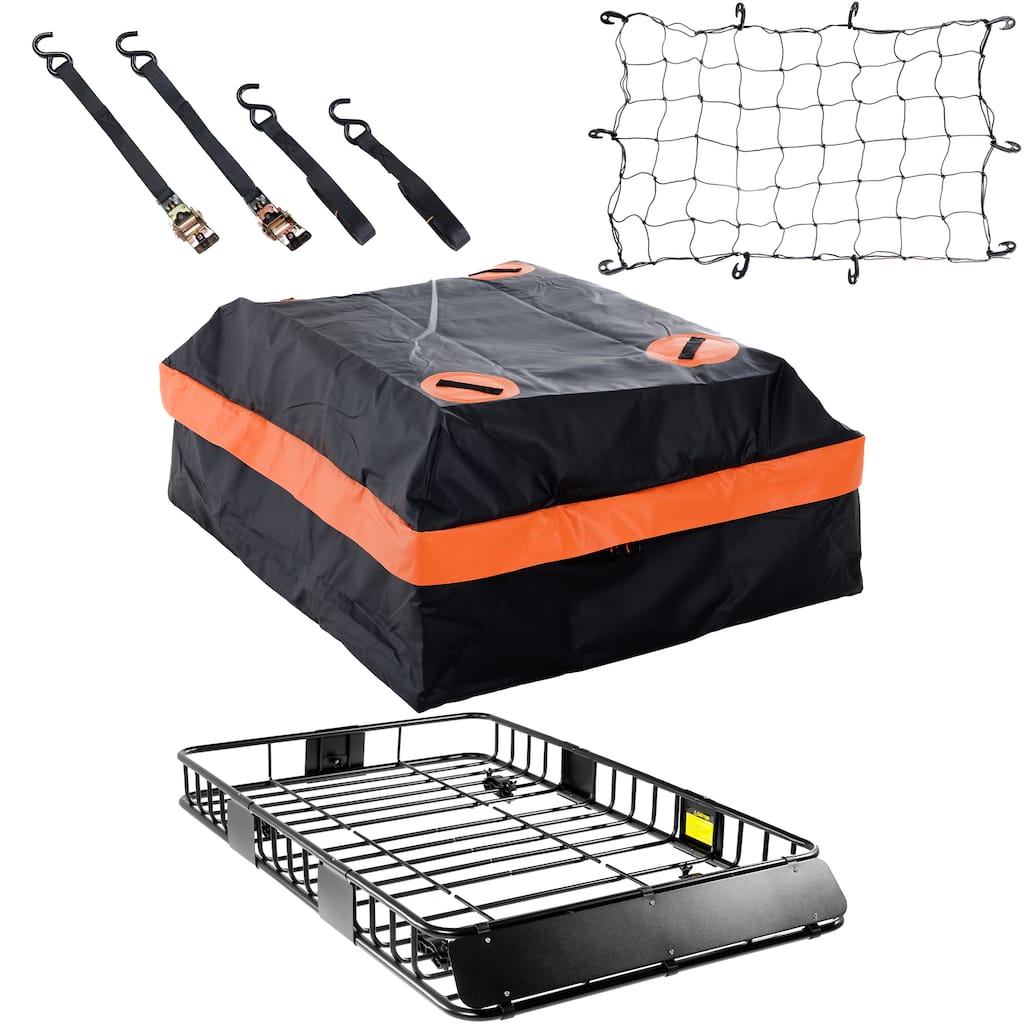 200lb Capacity Heavy Duty Roof Rack, Rooftop Cargo Basket with Waterproof Bag, Tie Down Strap & Net, Car Top Luggage Holder