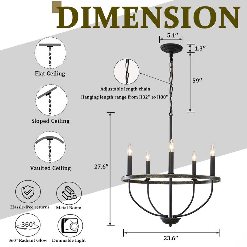 26'' 5-Light Modern Matt Black Classic Candelabra Chandelier Industrial Candle Pendant Light For Living Room Dining Room - W24''