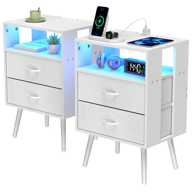 2 Pack Modern LED Nightstand with Charging Station and Fabric Drawers