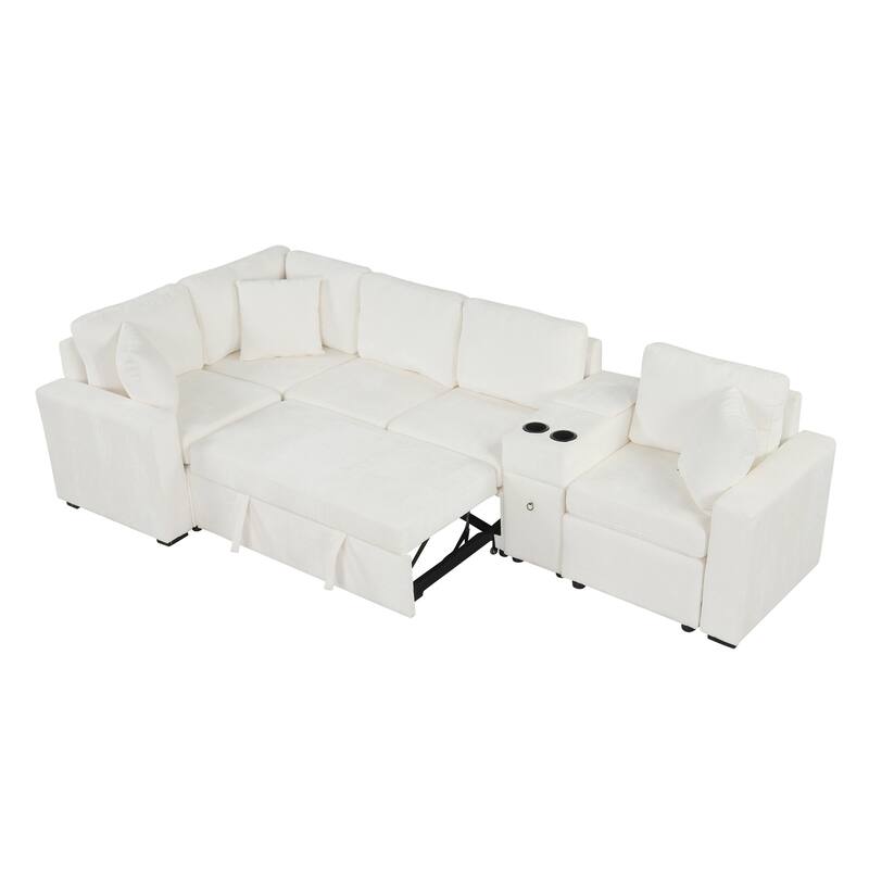 120.5" Chenille L-Shaped Convertible Sofa Bed with Pull-Out Bed, Storage Ottoman & Cup Holders
