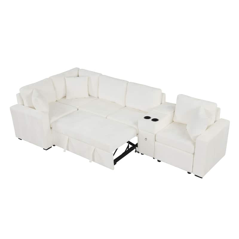 L-Shaped Modular Sectional Sofa with Pull-Out Bed, Chenille Convertible Sleeper Sofa Bed with Cup Holders & Multiple Storage