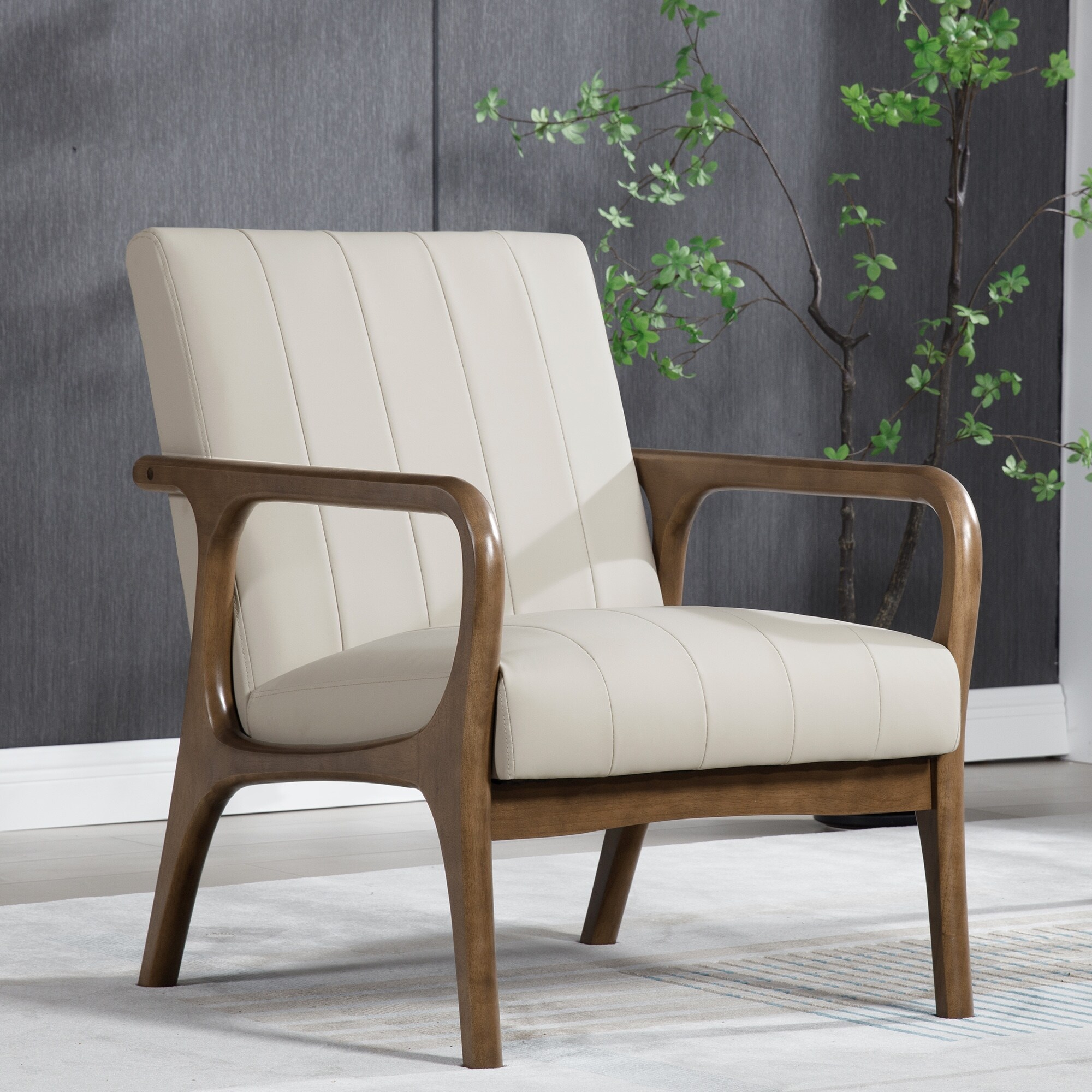 HOMYKA Leather Accent Chair Mid Century Arm Chairs with Wood Arms Bed Bath Beyond 40041506
