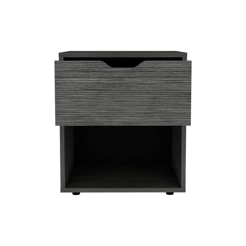 Compact Light Gray Nightstand with Drawer and Open Shelf
