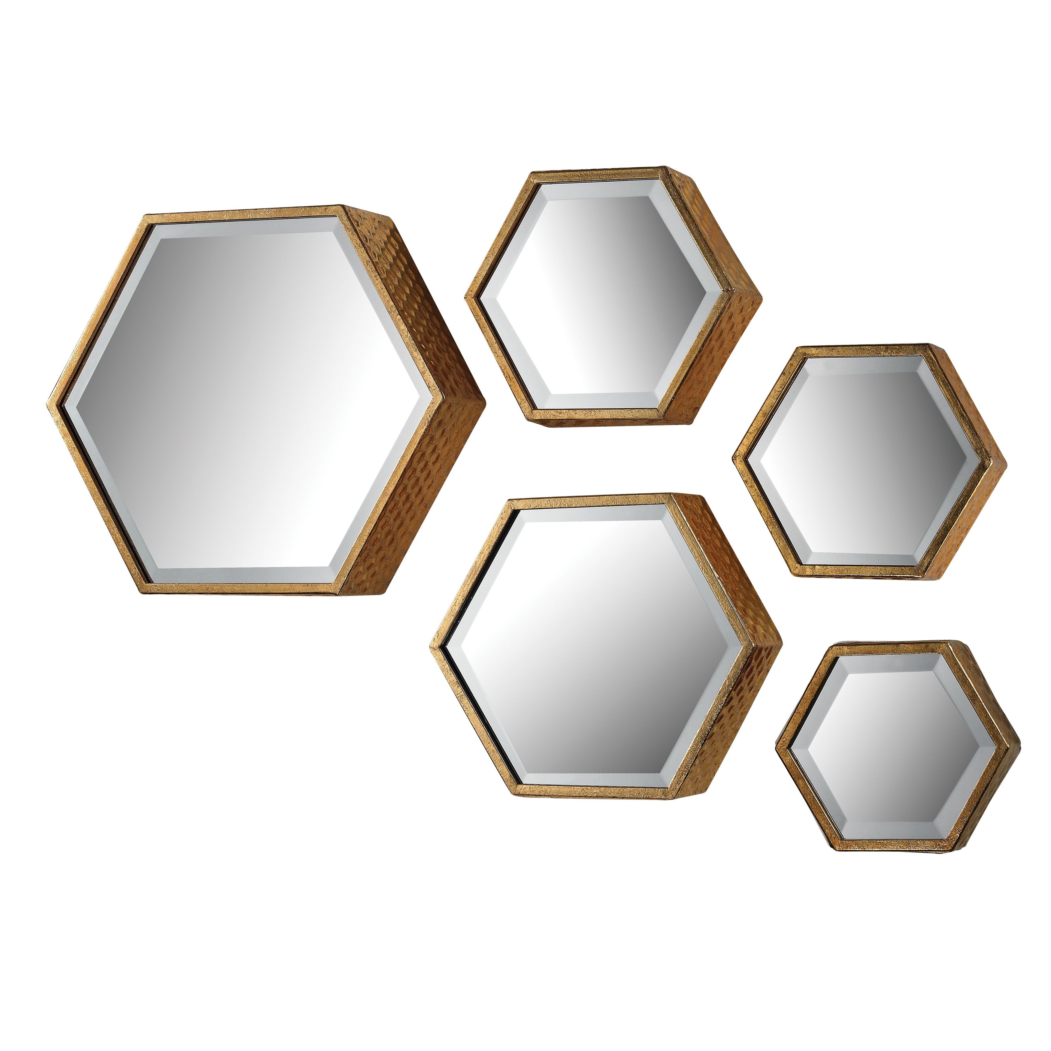 Atlas Hexagonal Set of 5 Gold Metal Wall Mirrors - 13.75 inch High
