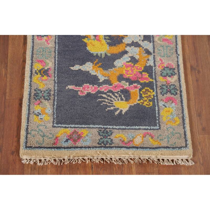 Hand Knotted Oriental 100% Wool Carpet Traditional Geometric Navy Blue & Blues Art Deco Area Rug - 3' 0'' X 2' 0''