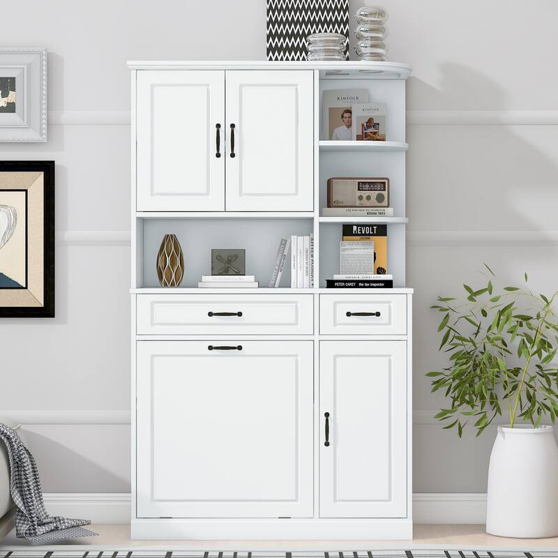 Roomfitters 70" Tall Storage Cabinet with Tilt-Out Hamper, 3 Drawers & Open Shelving, Modern MDF Linen Tower, White
