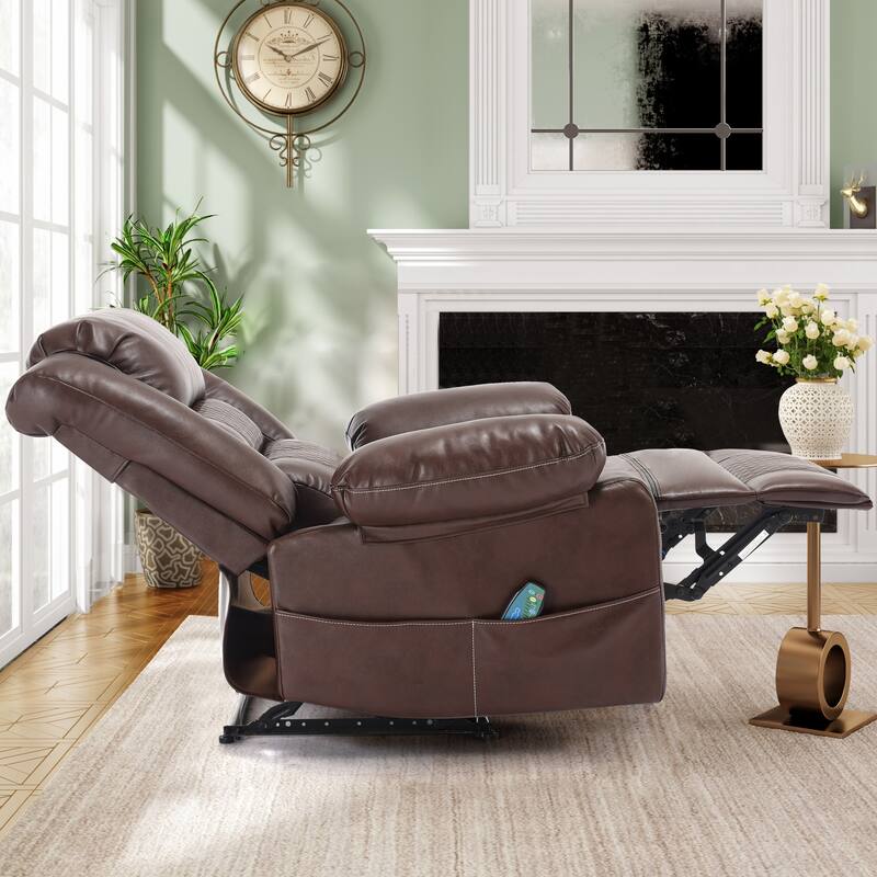 Breathable Leather Manual Recliner for Adults, Modern Living Room Single Recliner Sofa with Massage & Heat and Side Pocket