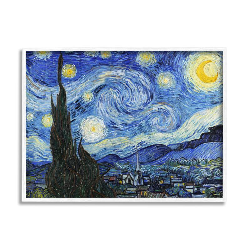 Stupell Van Gogh Starry Night Post Impressionist Painting Framed Giclee Texturized Art by Vincent Van Gogh - 24 x 30 - White