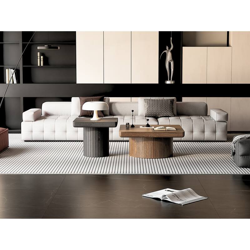 Modern Wood Coffee Table with Cylindrical & Fluted Pedestal