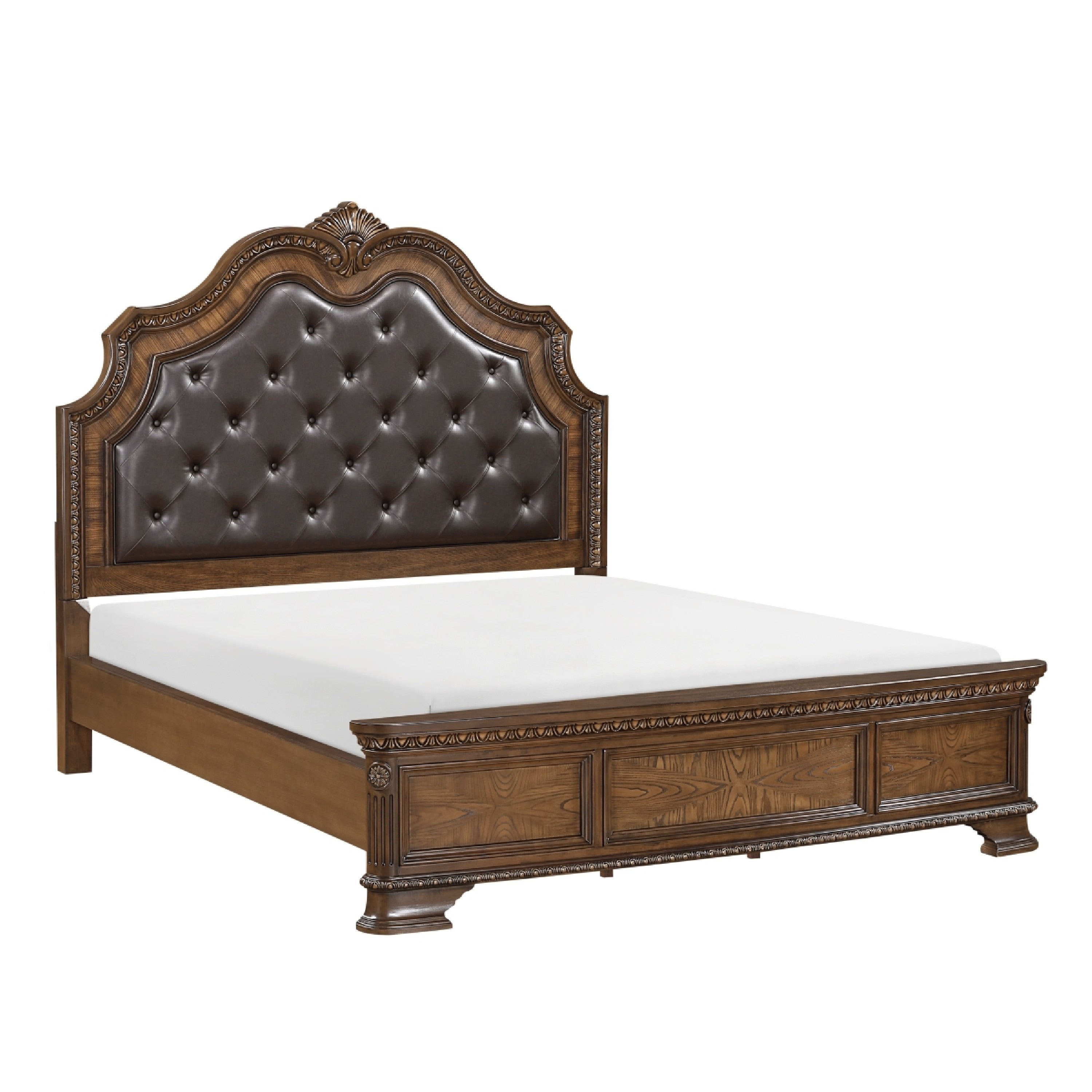 Brix Queen Size Sleigh Bed, Classic Faux Leather Tufted, Dark Brown