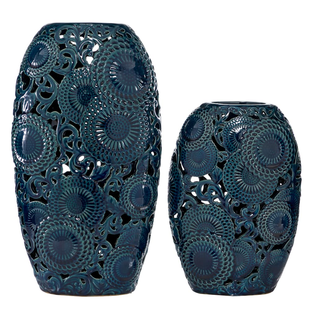 Ceramic Floral Vase with Cut Out Patterns - Set of 2 Blue - Roche River Decor - 6"W x 10"L x 18"H
