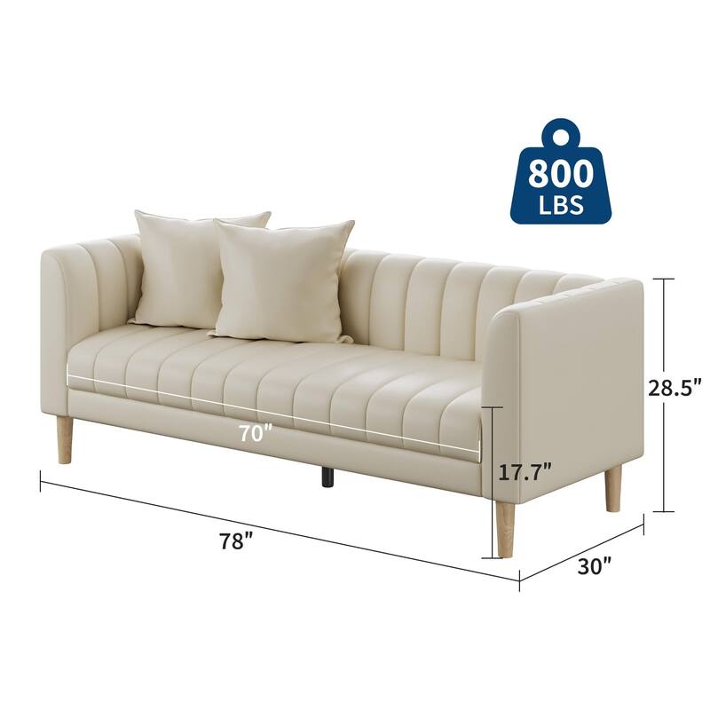 Faux Leather Sofa Couch, Modern 78" W Sofa with Deep Seats, 3 Seater Sofa Couch with 2 Throw Pillows and Wood Legs