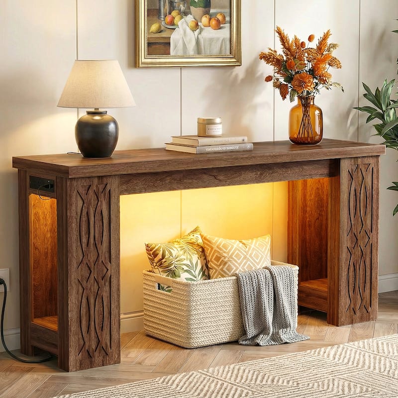 63" Farmhouse Console Table with RGB LED Lights ＆ Power Outlets, Unique Carved Design Entryway Table, Wooden Sofa Table - Brown