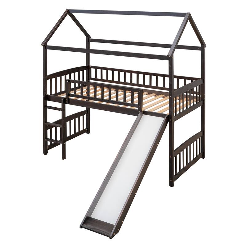 Twin Loft Bed with Slide, House Bed, Espresso Finish, Space-Saving Design