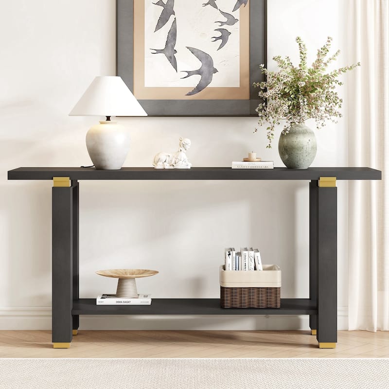 Modern Minimalist Console Table, Solid Wood Entryway Sofa Table with Metal Accents, Built-in Shelf, for Living Room, Hallway